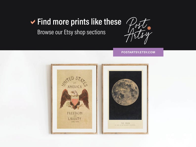 May include: Two framed prints. One features the text "UNITED STATES OF AMERICA" with an eagle illustration. The other depicts the moon against a dark background. The text "Find more prints like these" is visible.