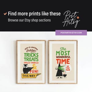 May include: Two framed vintage-style Halloween prints. One features an owl, the words "Tricks Treats" and "This Way". The other says "The Most Wonderful Time of the Year" with a witch. The Etsy shop name is "Post Arsty".
