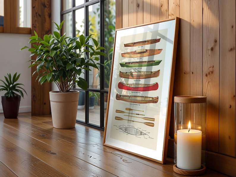 May include: A framed print displaying illustrations of different canoe designs, including a red canoe, with paddles and a diagram. The print is in a room with a wooden floor, a potted plant, and a lit candle in a glass holder.