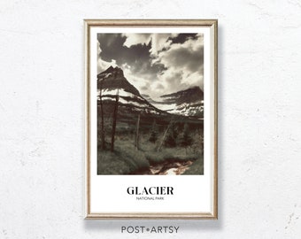 Glacier National Park Print | Rustic America Travel Poster | Vintage Style Country Hiking Art |  Outdoorsy Wilderness Wall Decor Gift