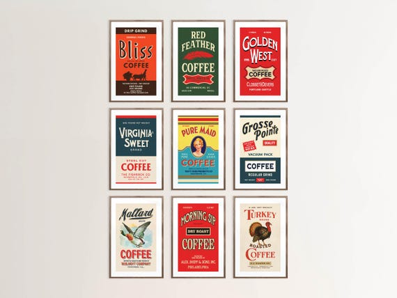 Retro Coffee Label Prints: Country Kitchen Art Coffee Poster Set