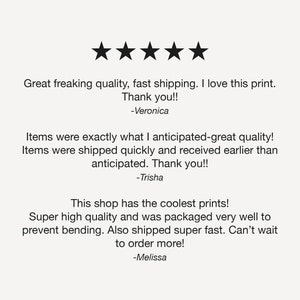 Op de afbeelding: Vijf sterren beoordeling met tekst die de kwaliteit, de snelle verzending en het ontwerp van een product prijst. De beoordeling bevat de tekst "Great freaking quality, fast shipping. I love this print. Thank you!! -Veronica" en twee extra beoordelingen.