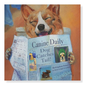 Puede incluir: Una ilustraci&oacute;n de dibujos animados de un perro corgi con una camisa azul, leyendo un peri&oacute;dico titulado "Canine Daily" con el titular "Dog Catches Tail!" El peri&oacute;dico tambi&eacute;n tiene un art&iacute;culo m&aacute;s peque&ntilde;o titulado "Barkingham Palace to host corgi rescue".