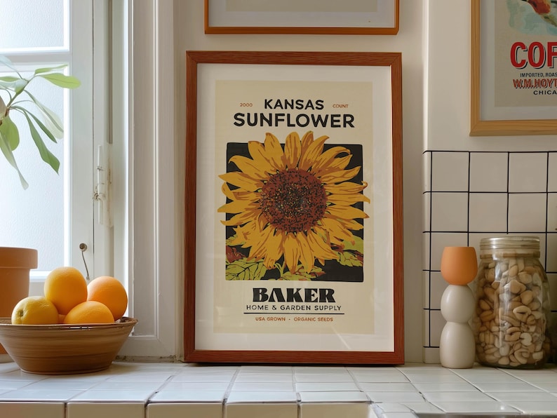 Farmhouse Sunflower Print Retro Kansas Sunflower Poster Kitchen Decor image 1