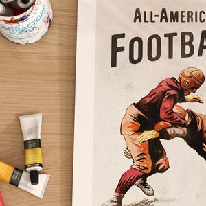 May include: Vintage poster featuring two football players in action. The poster has a distressed, aged look and the text "ALL-AMERICAN FOOTBALL" is printed in bold black letters.