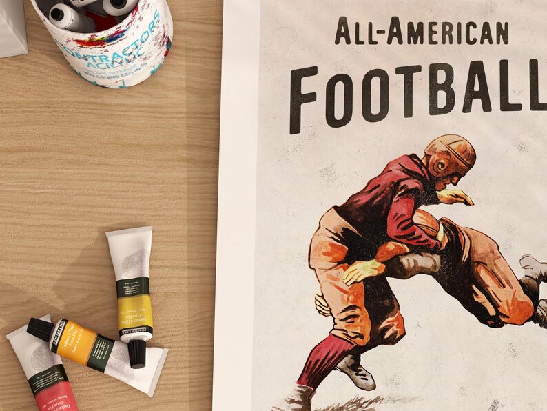 May include: Vintage poster featuring two football players in action. The poster has a distressed, aged look and the text "ALL-AMERICAN FOOTBALL" is printed in bold black letters.