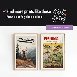 Pode incluir: Dois cartazes de estilo vintage, um com uma ilustra&ccedil;&atilde;o em marrom e branco de um alce em um cen&aacute;rio de floresta com o texto "Wildlands" e o outro com uma ilustra&ccedil;&atilde;o colorida de v&aacute;rios peixes com o texto "Fishing Rivers & Lakes".