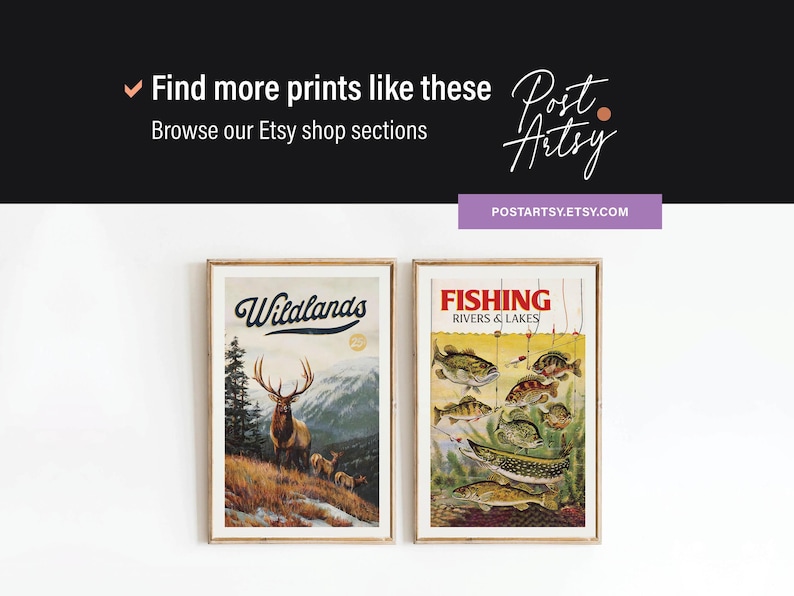 Pode incluir: Dois cartazes de estilo vintage, um com uma ilustra&ccedil;&atilde;o em marrom e branco de um alce em um cen&aacute;rio de floresta com o texto "Wildlands" e o outro com uma ilustra&ccedil;&atilde;o colorida de v&aacute;rios peixes com o texto "Fishing Rivers & Lakes".
