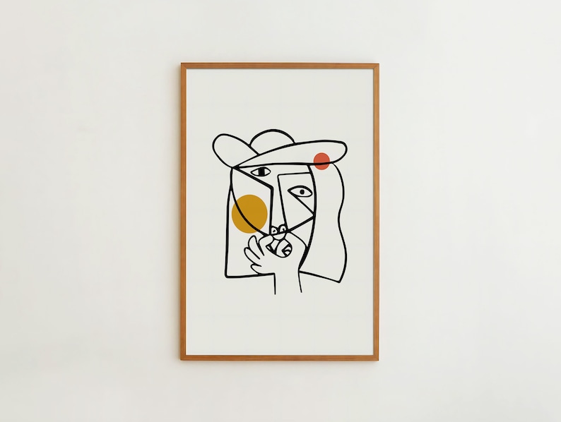 May include: A black and white line drawing of a person's face with a hat, a yellow circle, and a red circle.