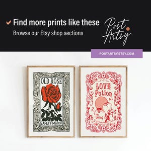 May include: Two framed prints with vintage-style illustrations. The left print features a red rose with the text "Old Rose" and "Safety Match". The right print features a red heart with the text "Love Potion" and "Ever Lasting".