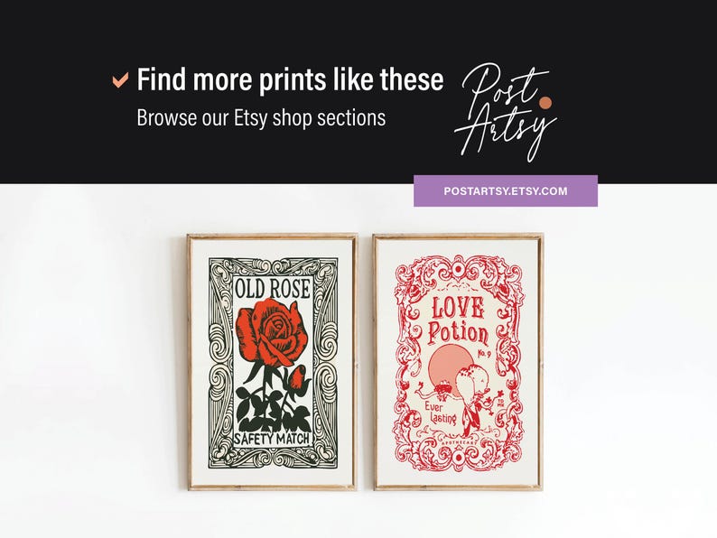 May include: Two framed prints with vintage-style illustrations. The left print features a red rose with the text "Old Rose" and "Safety Match". The right print features a red heart with the text "Love Potion" and "Ever Lasting".