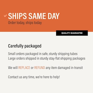 May include: An orange banner with the text "SHIPS SAME DAY" and "Order today, ships today." Below, the text "Carefully packaged" is displayed, followed by details about packaging and a guarantee to replace or refund damaged items. The text "QUALITY GUARANTEE" is in a black rectangle.