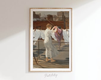 Mid-Century Laundry Room Print, Woman on Rooftop Clothesline