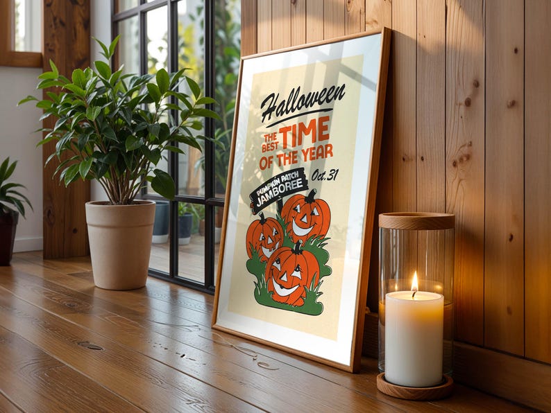 May include: Framed Halloween poster with a vintage design. The poster features orange jack-o'-lanterns and the text "Halloween, the best time of the year." A lit candle in a glass holder and a potted plant are also visible.