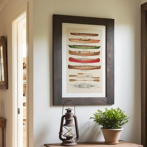 May include: A framed print displaying illustrations of different canoes and paddles. The artwork shows various canoe designs in shades of brown, green, and red. The print is in a dark brown wooden frame, adding a rustic touch to the wall decor.