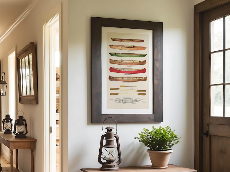 May include: A framed print displaying illustrations of different canoes and paddles. The artwork shows various canoe designs in shades of brown, green, and red. The print is in a dark brown wooden frame, adding a rustic touch to the wall decor.