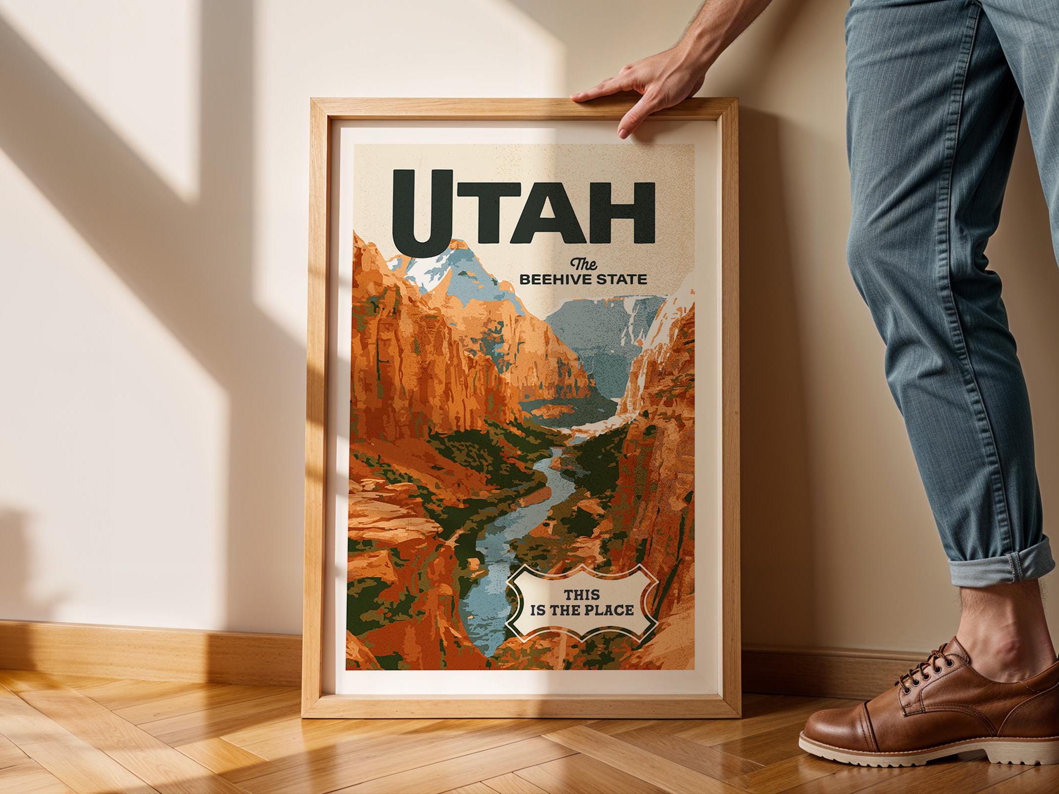 Utah Travel Print Retro Utah Art Beehive State Travel Poster Utah Gift for Friend Outdoorsy Wall Decor