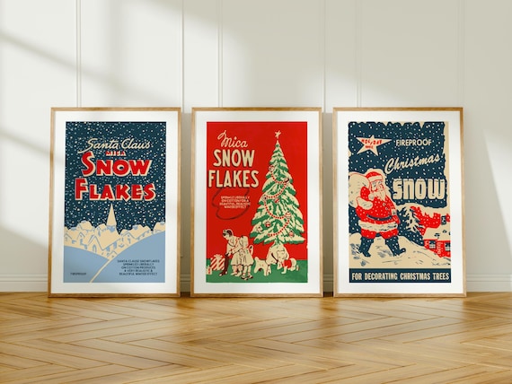 Retro Christmas Art Prints Holiday Poster Set of 3 Christmas Wall Prints Kitchen Christmas Decor Holiday Party Gift for Home
