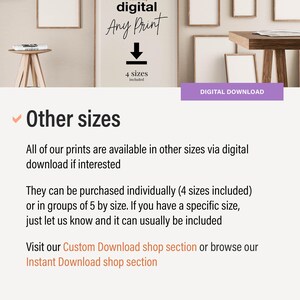May include: An image promoting digital prints, with text indicating "Any Print" and "4 sizes included." The image also highlights "Other sizes" available via digital download. A purple button reads "DIGITAL DOWNLOAD."
