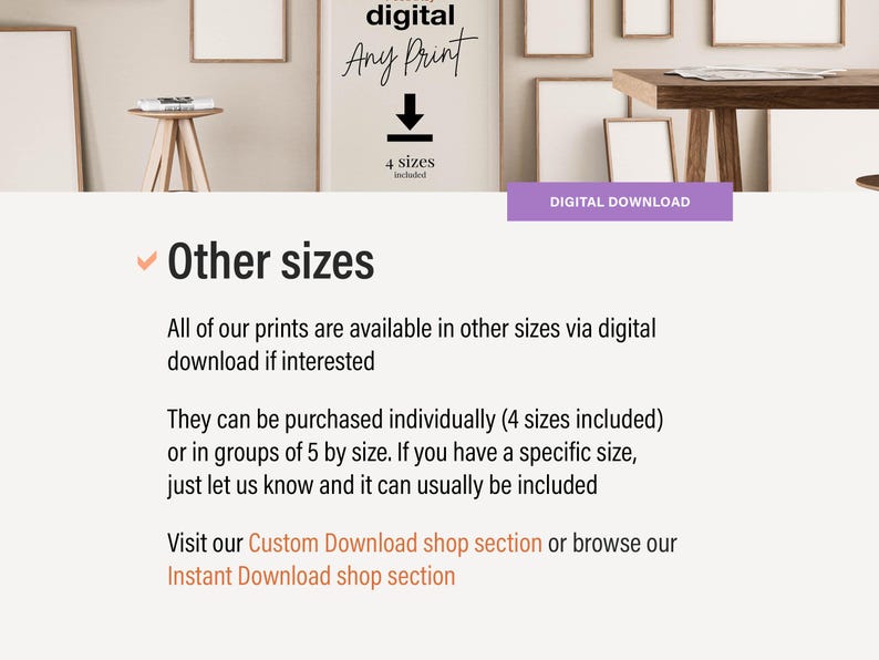 May include: An image promoting digital prints, with text indicating "Any Print" and "4 sizes included." The image also highlights "Other sizes" available via digital download. A purple button reads "DIGITAL DOWNLOAD."