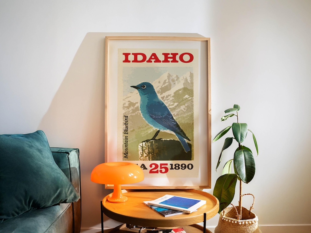 Retro Idaho Art Bluebird Print Idaho Bird Stamp Poster Idaho Wall Art ...