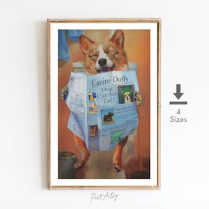 Puede incluir: Una pintura de un perro corgi sentado en un inodoro y leyendo un peri&oacute;dico titulado "Canine Daily" con el titular "Dog Catches Tail!"