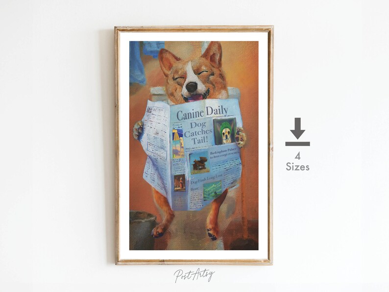 Puede incluir: Una pintura de un perro corgi sentado en un inodoro y leyendo un peri&oacute;dico titulado "Canine Daily" con el titular "Dog Catches Tail!"
