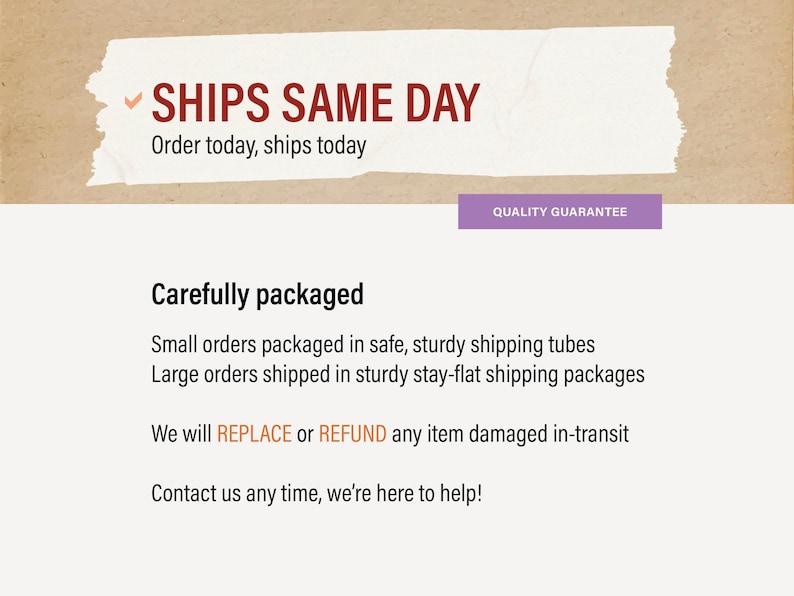 May include: Text on a white background with a red checkmark reads "SHIPS SAME DAY" and "Order today, ships today". Below the text is a description of how orders are packaged and shipped, including information about a replacement or refund guarantee for damaged items.