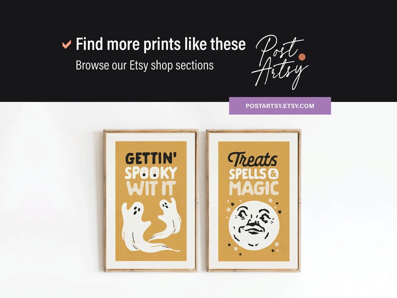 May include: Two framed Halloween-themed art prints. One features ghosts and the phrase "Gettin' Spooky Wit It." The other says "Treats, Spells & Magic" with a moon face. The prints are on a mustard yellow background.