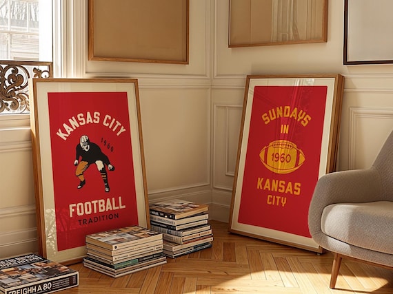 Retro Kansas City Sports Prints Kansas City Football Art Poster Set of 2 Sports Team Wall Art Football Decor Gift for Sports Lover