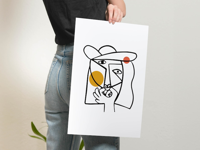 May include: A black and white line drawing of a person's face with a hat. The face has a yellow circle and a red circle on it.