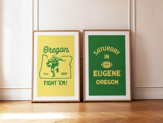 Retro Football Prints Oregon Wall Art College Sports Team Poster Set of 2 Football Gift for Sports Fan Wall Decor Oregon Dad Gift