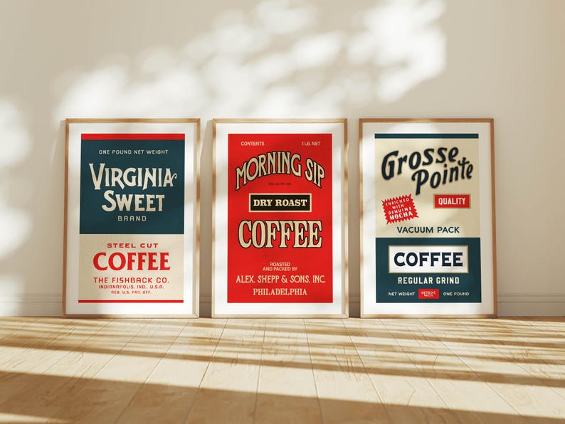 May include: Three framed vintage coffee advertisements. The first reads "Virginia Sweet Coffee" in navy and red. The second reads "Morning Sip Dry Roast Coffee" in red. The third reads "Grosse Pointe Coffee" in cream and navy.
