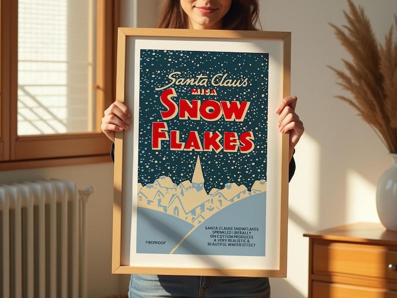 May include: A vintage-style poster advertising Santa Claus Snowflakes. The poster features a blue background with white snowflakes and a red and white illustration of a snowy village. The text "Santa Claus Mica Snowflakes" is printed in red and white letters. The poster also includes the text "Fireproof" and a description of the product's use.
