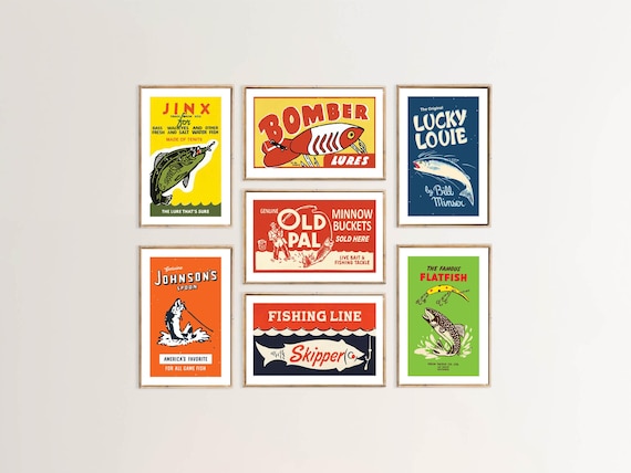 Retro Fishing Gear Prints Outdoors Art Gift for Fisherman Lure Poster Set of 7 Lake House Wall Art Cabin Decor Outdoorsy Dad Gift