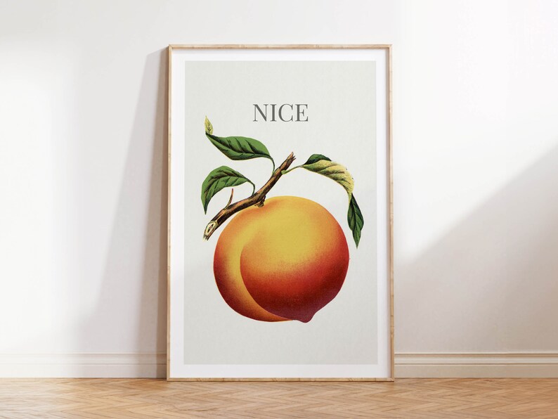 May include: A framed art print featuring a vintage illustration of a ripe peach with green leaves and the word "NICE" in a serif font. The peach is a blend of yellow and red hues, set against a neutral background.
