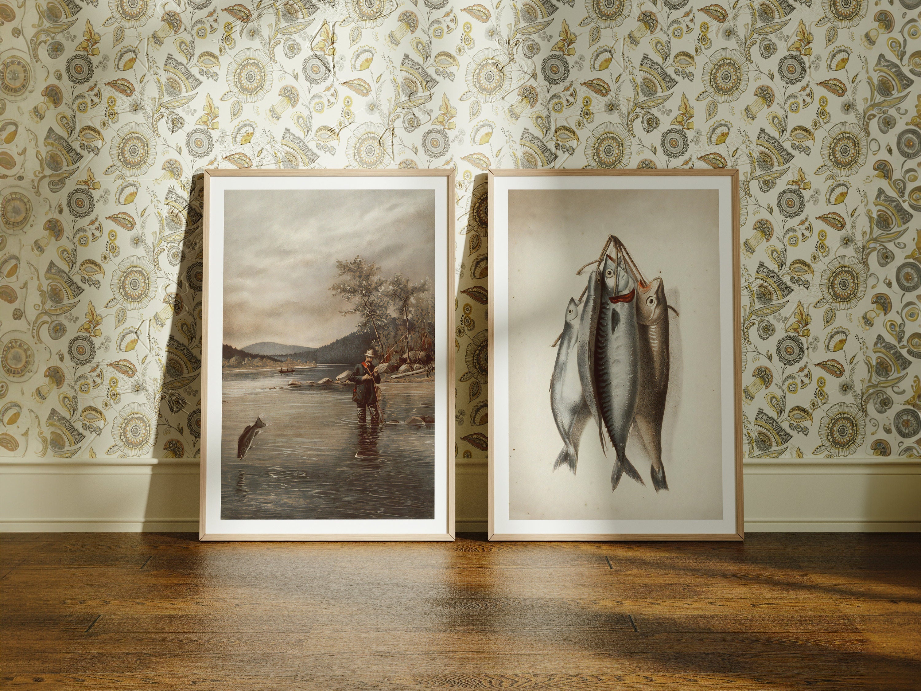 ヴィンテージフライフィッシングプリントセット、素朴な釣り人の