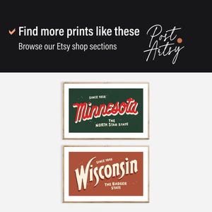 May include: Two vintage-style state prints. The top print is green with white text and says "Since 1858 Minnesota The North Star State". The bottom print is brown with white text and says "Since 1848 Wisconsin The Badger State".
