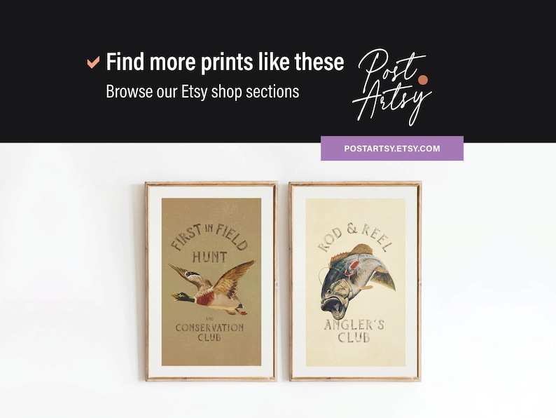 May include: Two framed vintage-style prints. One features a duck in flight with text "First in Field Hunt Conservation Club". The other print shows a fish with text "Rod & Reel Angler's Club". The prints are in wooden frames.