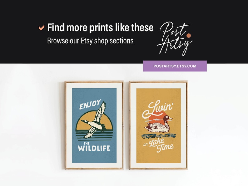 May include: Two framed prints with a vintage aesthetic. The print on the left features a blue background with a yellow sun and a white bird flying. The text reads "Enjoy the Wildlife". The print on the right features a yellow background with a red sun and a white duck swimming. The text reads "Livin' on Lake Time".