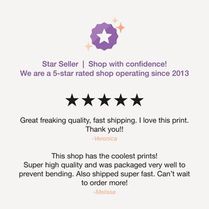 Op de afbeelding: Afbeelding met tekst die luidt "Star Seller | Shop with confidence!" en "We are a 5-star rated shop operating since 2013." Bevat klantbeoordelingen en een paarse sterbadge met sparkles. De beoordelingen vermelden kwaliteit en snelle verzending.