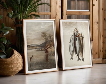 ヴィンテージフライフィッシングプリントセット、素朴な釣り人の