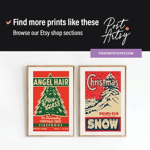 May include: Two vintage Christmas tree decoration product labels. The left label is red with white text and features a green Christmas tree with the text "Angel Hair Spun Glass". The right label is red with white text and features a white Christmas tree with the text "Christmas Doubi-Glo Snow".