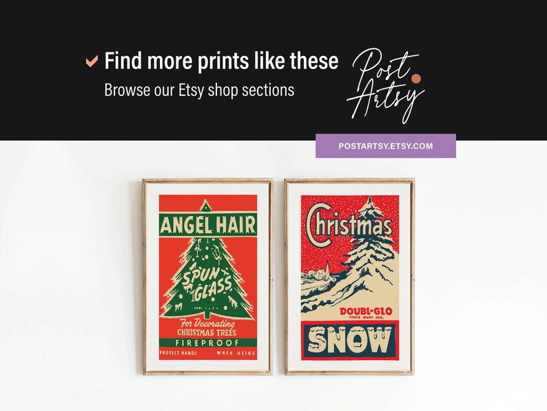 May include: Two vintage Christmas tree decoration product labels. The left label is red with white text and features a green Christmas tree with the text "Angel Hair Spun Glass". The right label is red with white text and features a white Christmas tree with the text "Christmas Doubi-Glo Snow".