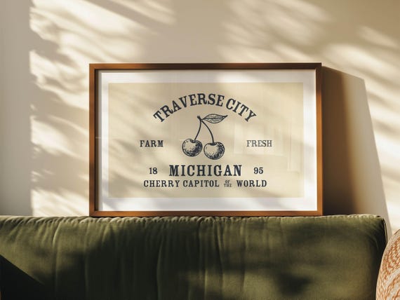Traverse City Print Retro Michigan Art Cherry Poster Michigan Wall Art Retro United States Wall Decor Gift For Traveler or Michigander