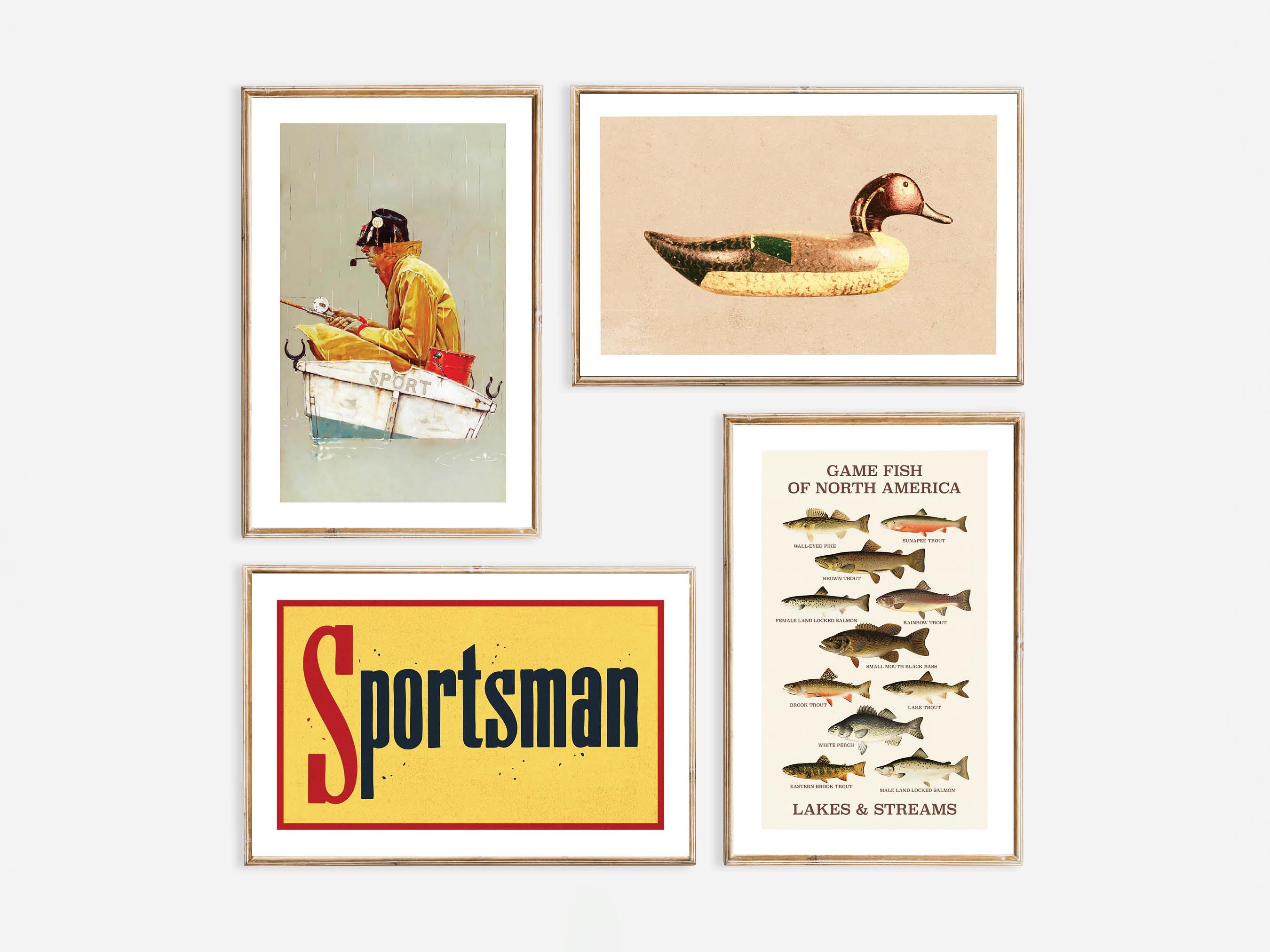 Sportler Angeln Prints Retro Jagd Kunst Poster Set mit 4 Angeln Jagd-Wand-Dekor Outdoorsy Cabin Wand Kunst Geschenk für Angeln Papa