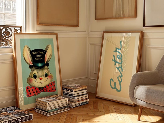 Retro Easter Art Prints Set of 2 Retro Script + Bunny Posters Easter Wall Art Festive Kitchen Decor Holiday Gift for Home