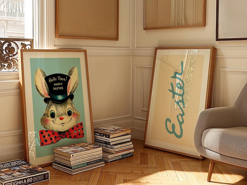 Retro påskkonsttryck Set med 2 retro skrift + kaninposters Påskväggkonst Festlig köksdekoration Julklapp till hemmet bild 1