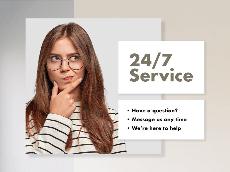 Puede incluir: Una mujer con gafas est&aacute; pensando en algo. El texto de la imagen dice "Servicio 24/7" y "&iquest;Tienes alguna pregunta? Env&iacute;anos un mensaje en cualquier momento. Estamos aqu&iacute; para ayudarte."
