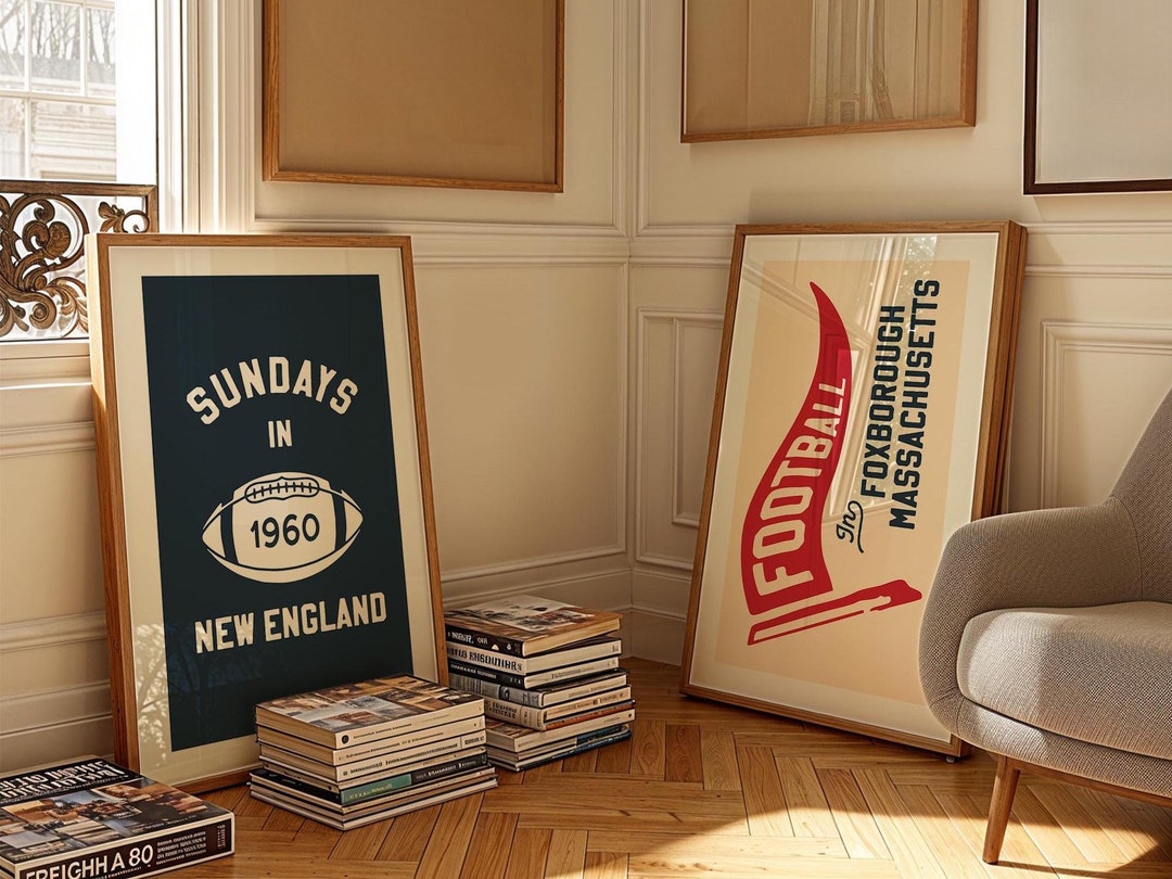New England Sports Prints Retro Football Art Poster Set of 2 Sports ...